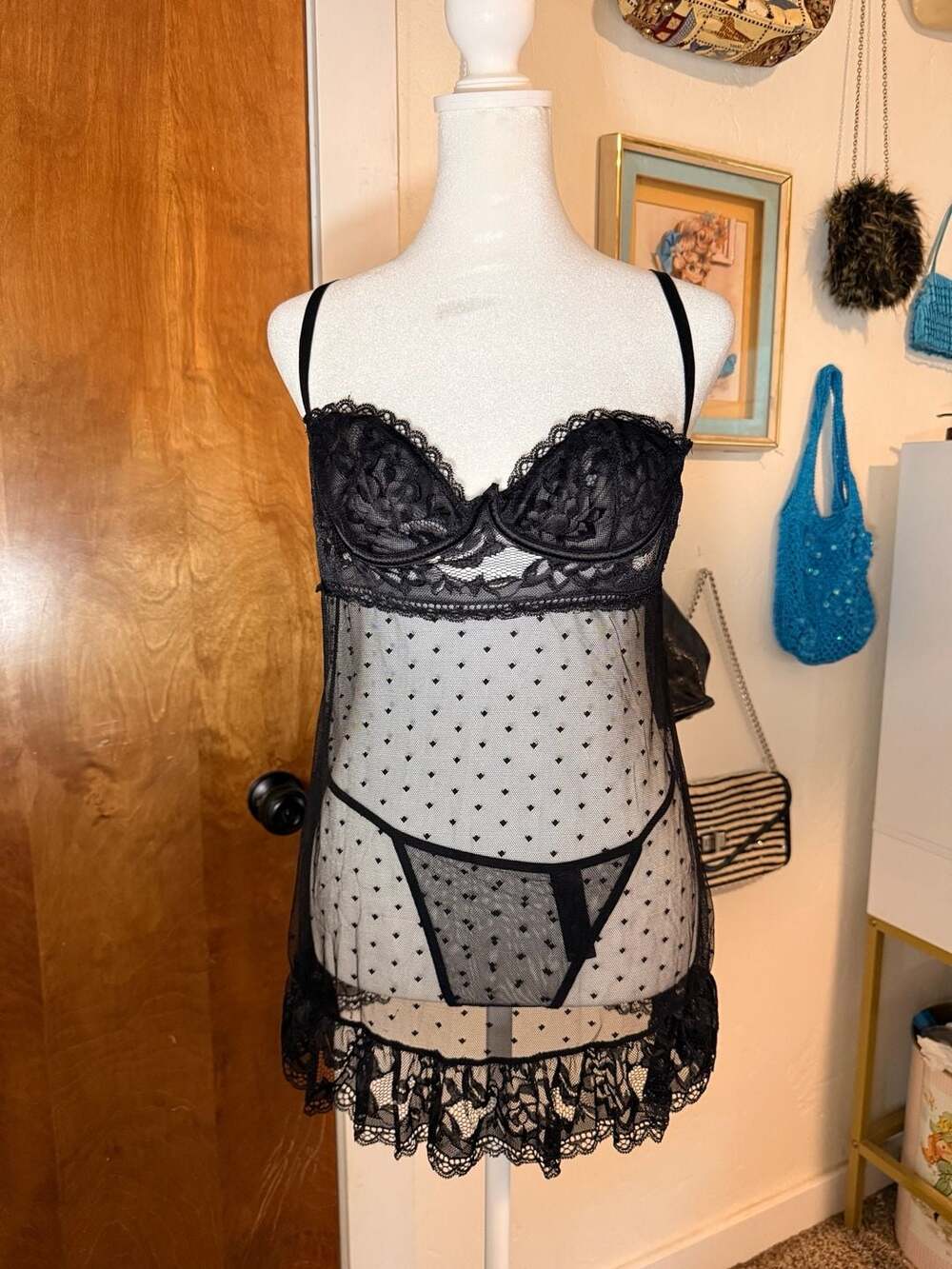 RARE Fredericks of Hollywood Black Lace Mesh Babydoll Slip G-String Set Large